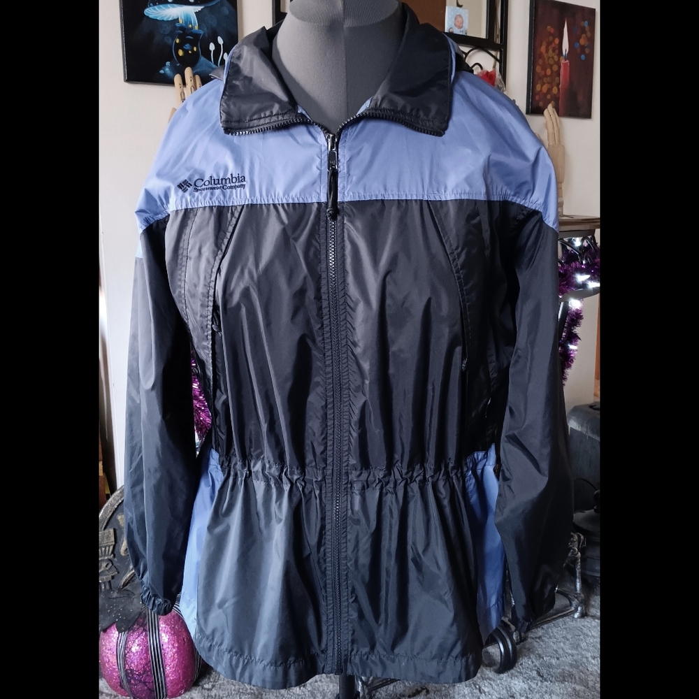🖤 Columbia Womens Packable Windbreaker Jacket Large Outdoor Black Blue